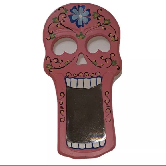 Sugar Skull Dia de los Muertos Day of the Dead Wall Mirror Plaque - Pink - Picture 1 of 4